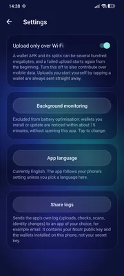 Settings: upload only over Wi-Fi, background monitoring, app language and share logs
